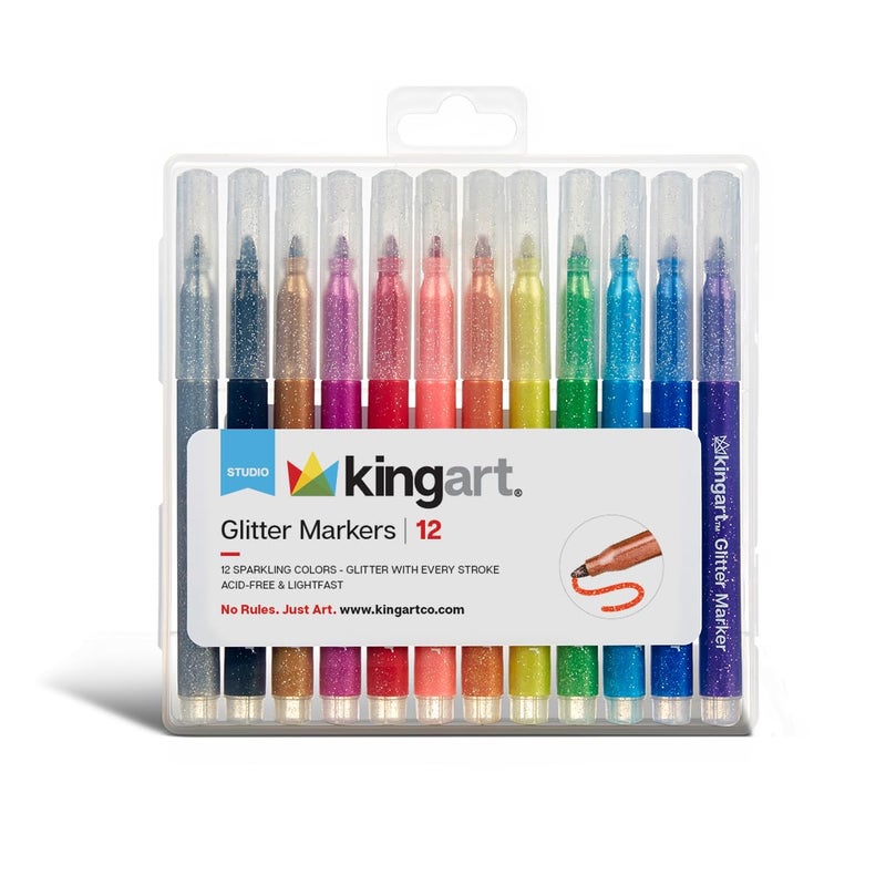 KINGART GLITTER MARKERS 12 Sparkling Colors with Gold & Silver, Non-Toxic Water Based Glitter Pens Writes on Multiple Surfaces with Bullet tip for Adult Coloring Books, Craft, Doodling, Drawing - Image 1